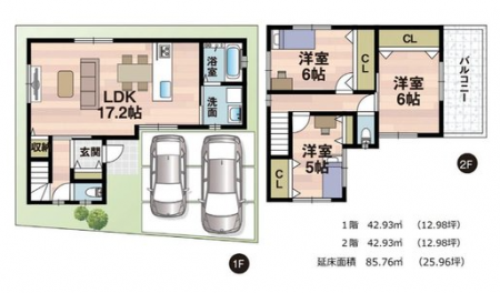 間取り図　（2号地）価格2980万円、3LDK、土地面積92.25�u、建物面積85.86�u